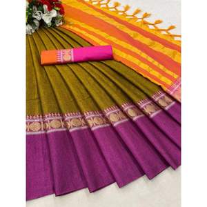 SAREE DE SEDA DE ALGODÓN DE LOOK RICH CON BORDE DE TRABAJO DE JACQUARD SAREE CON BLUSA SIN COSTAR MEHNDI - Product Image 1