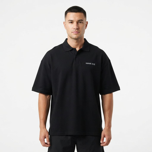 Polo noir pour homme, coupe oversize, manches courtes, haute qualité, style décontracté, vente en gros pour la fabrication. - Product Image 1