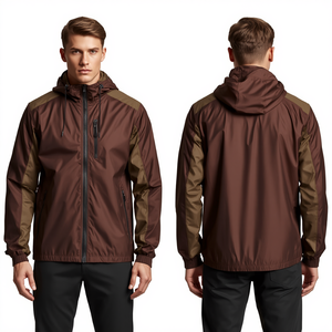Custom Manufacturing <b>Men's</b> Brown <b>Lightweight</b> Windbreaker <b>Jacket</b> Hooded Premium Nylon Everyday Outerwear Design - Product Image 2