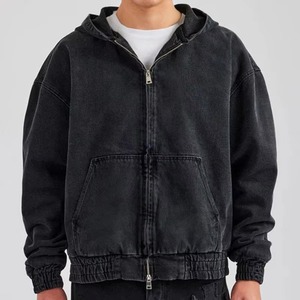 Veste à capuche en denim vintage noir avec poche avant, sweat à capuche oversize pour homme, veste zippée décontractée pour homme - Product Image 1