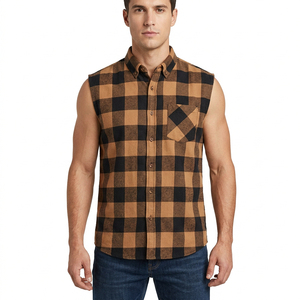 Chemise en flanelle à carreaux sans manches pour homme, col rabattu, tenue décontractée d'automne, 100% coton, motif à carreaux tissé - Product Image 1
