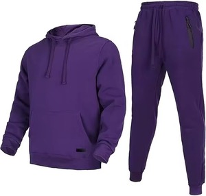 <b>Mens</b> Winter <b>Purple</b> Hooded Zip-Up 2-in-1 Tracksuit Set Full Length Sweatshirt Jogger Pants Solid Color Casual 100% Cotton - Product Image 3