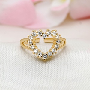 Anillo de Corazón de Plata de Ley 925 Chapado en Oro con Circonita Cúbica, Joyería Linda y Dulce para Mujer, Anillos de Compromiso con Corazón para Mujer - Product Image 2