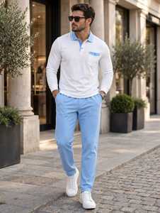 <b>Men's</b> <b>White</b> <b>Long</b> <b>Sleeve</b> Polo <b>Shirt</b> Blue Contrast Collar Pocket Smart Casual Top - Product Image 3