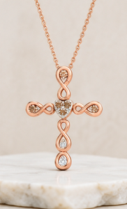 925 Sterling Silver Rose <b>Gold</b> Plated <b>Infinity</b> Cross Pendant <b>Necklace</b> with Heart Detail & Cubic Zirconia | Religious Jewelry - Product Image 2