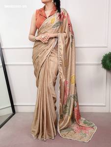 Magnifique sari en soie satinée avec impression numérique et bordure en dentelle perlée - Collection de blouses Banglory - Fournisseur d'Inde - Product Image 2