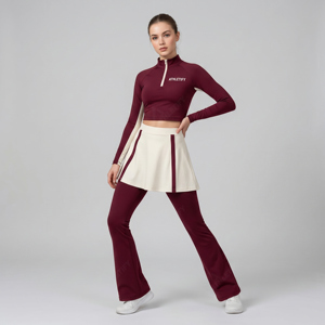 Women's Colorblock Athletic Set Long Sleeve Crop <b>Top</b> Flare Pants Skirted Leggings Fitness Yoga Wear Breathable Modest Sportswear - Product Image 1