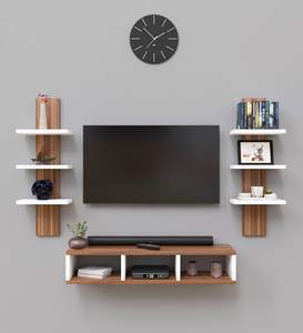 Meuble TV mural en bois pour décodeur et étagères à livres – Couleurs : Marron, Blanc - Product Image 1