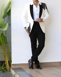 Blazer blanco bordado para hombre, chaqueta de esmoquin de diseñador con solapa negra, traje ajustado para fiesta de boda - Product Image 2