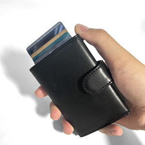 [Top Ranking] Castello Top Quality PU Leather Aluminum Card Case Holder Pop Up <b>Wallet</b> Credit Card Holder Quick Release Black - Product Image 6