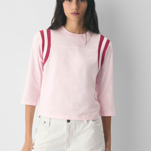 Camiseta de Algodón Personalizada para Mujer, Corte Holgado, Cuello Redondo, Manga 3/4, Estilo Urbano con Rayas, Hombros Caídos, para Uso Diario - Product Image 1