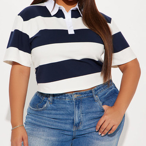 Polo Casual Elegante para Mujer, Blanco con Rayas Negras, Transpirable, de Manga Corta, Corte Ajustado, de Algodón Jersey, Estilo Urbano - Product Image 3