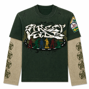 เสื้อยืดวินเทจสั่งทำพิเศษ สองชั้น ล้างสีแบบแอซิด พิมพ์ลายหลากสี คอโอ ทรงหลวม ผ้าวาฟเฟิลถัก แขนยาว ไซส์พลัส - Product Image 2