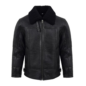 Veste en cuir noir pour homme avec col en fourrure noire, manteau d'hiver en peau de mouton véritable, doublure en polaire chaude, veste de motard - Product Image 1