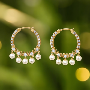 Matte Gold Titanium Hoop <b>Earrings</b> with <b>Diamond</b> <b>and</b> <b>Pearl</b> for Party - Product Image 2
