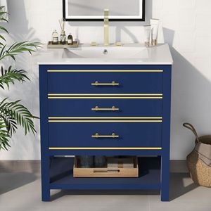 Modern 30-Inch Navy Blue/White Bathroom Vanity Combo with <b>Open</b> <b>Storage</b> & Two Drawers - Product Image 1