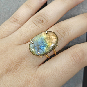 <b>Labradorite</b> Oval Shape Gemstone Brass <b>Ring</b> 18k Gold Plated Double Band Adjustable <b>Ring</b> Bohemian Style for Unisex Fashion Jewelry - Product Image 2