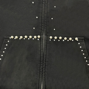 Sudadera con capucha unisex vintage de poliéster/algodón con cremallera, lavado ácido y efecto desgastado, con apliques de pedrería personalizados High Street para invierno - Product Image 3