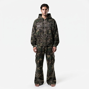Mens <b>Camouflage</b> <b>Cargo</b> Hoodie Tracksuit Rhinestone Embroidery Wide Leg <b>Pants</b> Custom Streetwear Sportswear Matching Set - Product Image 1