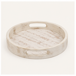 Handcrafted Rustic White Washed <b>Round</b> Wooden Serving <b>Tray</b> With Cutout Handles For Coffee <b>Table</b> Ottoman Decorative Wood Platter - Product Image 5