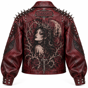 Studded Spiked Red Leather <b>Jacket</b> Gothic Graphic Print <b>Womens</b> Point Collar Zip Pocket Bomber Coat Custom Factory Service Provide - Product Image 2