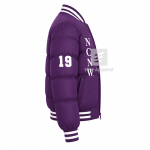 Custom NCNW Council Puffer <b>jacket</b> embroidered logo on front purple and <b>white</b> color full sleeve <b>jacket</b> <b>for</b> female - Product Image 4