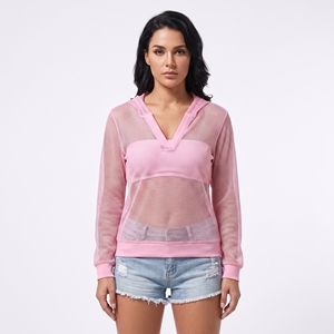 <b>Women's</b> Pink <b>Mesh</b> Hoodie Long Sleeve V-Neck Long Sleeve Transparent Hoodies Ladies Summer See Through With Pockets Hood <b>Top</b> - Product Image 2