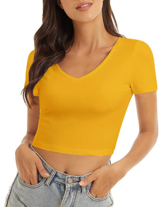 T-shirt en maille respirant à col rond et manches bouffantes, coupe ajustée, couleur unie jaune moutarde, avec ceinture, pour femme, printemps-été - Product Image 1