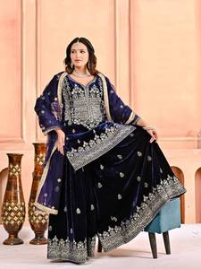Women's Navy Blue Velvet Salwar Kameez With <b>Silver</b> Embroidery Traditional Indian Wedding Wear Ankle-Length Regular Fit - Product Image 4