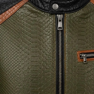 Chaqueta de Cuero Genuino para Hombre, Estilo Café Racer, Textura de Piel de Serpiente, Color Verde Oliva, Negro, Marrón - Product Image 5
