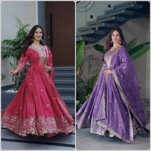 Traje Anarkali de seda brillante de diseñador, con bordado y lentejuelas, dupatta de 2.20 metros, completamente cosido, vestido de fiesta, venta al por mayor. - Product Image 4