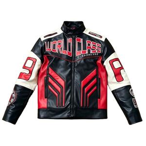Blouson de moto OEM pour homme en similicuir imperméable, style course, personnalisable avec broderie, fermeture éclair intégrale, multiples patchs sur les manches, streetwear avant. - Product Image 1