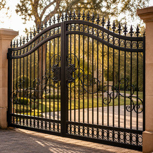 Elegante puerta doble de entrada de hierro forjado negro con remates curvos en la parte superior, adornos decorativos y diseño clásico para entrada residencial. - Product Image 4