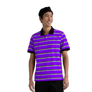 เสื้อโปโลผู้ชายแขนสั้นลายทาง ผ้าถัก สวมใส่สบาย ทรงปกติ สีดำ ขาว เทา - Product Image 3