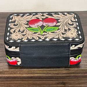 Women Fashionable <b>Tooled</b> Floral Cherry Pattern Genuine <b>Leather</b> Jewelry Organizer Stylish Zipper Closure Jewelry Storage Cases - Product Image 6