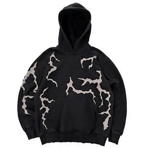Sudadera con Capucha de Forro Polar Negro para Hombre, con Estampado de Grietas Blancas, Estilo Casual, con Bolsillo Canguro, Otoño 2026 - Product Image 2