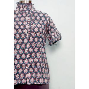 Vente en gros – Haut décontracté vintage 100 % coton pour femme, fait main, avec boutons, manches cloche, longueur mini, motif, taille standard - Product Image 2