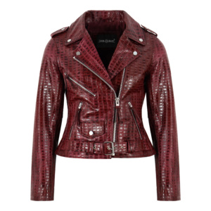 Chaqueta de Motociclista Personalizada de Cuero Vacuno con Estampado de Cocodrilo, Estilo BRANDO para Mujer, con Cierre Cruzado - Product Image 1