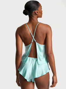 Conjunto de Salón de Satén Color Menta para Mujer, Cuello en V, Sin Mangas, Pantalones Cortos, Elegante Ropa de Dormir de Verano de 2 Piezas, Color Liso Suave - Product Image 5