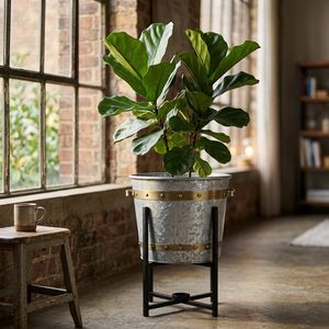 Support de plante en fer galvanisé fait main de 32 cm, avec rivets en laiton Sarai et sangles en laiton rivetées, pour décoration intérieure et pot de plante - Product Image 2