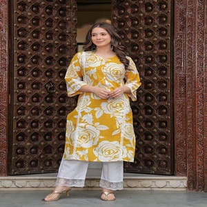 Yellow Floral Printed Women's <b>Tunic</b> <b>Dress</b> Loose Fit Three Quarter Flutter Sleeve Cotton Casual <b>Summer</b> Wear Midi Length - Product Image 1