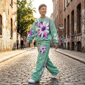 Conjunto de Sudadera y Pantalones Anchos con Estampado Floral y Pedrería para Mujer, Ropa Deportiva de Invierno, Estilo Urbano, Dos Piezas - Product Image 3