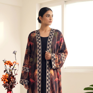 Stylish Satin <b>Printed</b> Abaya Shrug for Women Arabic Open Front Long Abaya Cardigan with Border Design Modest <b>Islamic</b> Fashion Wear - Product Image 3