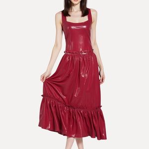 <b>Red</b> PU Leather Midi <b>Dress</b> With Ruffle Hem Square Neck Sleeveless A-Line Party Wear Sexy Style - Product Image 1