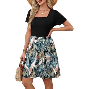 Vestidos de Verano para Mujer 2025, Manga Corta, Cuello Cuadrado, Vestidos Casuales con Bolsillos, Corte en A, Bloques de Color - Product Image 1