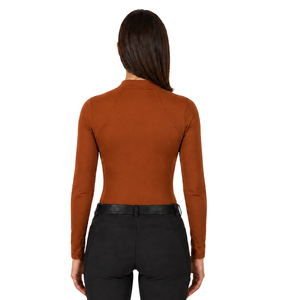 Haut de performance respirant et extensible à manches longues pour femme, couleur orange rouille, avec quart de zip, idéal pour l'équitation et l'entraînement équestre - Product Image 2