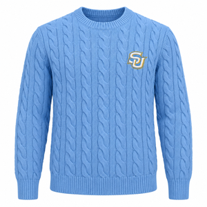Southern University <b>Cable</b> <b>Knit</b> <b>Sweater</b> Custom HBCU Columbia Blue Embroidered SU Crewneck Pullover Wholesale - Product Image 1