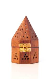Heritage Wooden Mabkhara Hand-Made <b>Pine</b> Incense Burner Gold Clasp Perforated Design Aromatic Use All-Season 100% Natural - Product Image 1