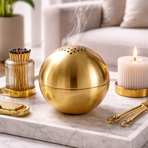 Brûleur à Bakhoor sphérique personnalisable en marbre et laiton blanc doré, porte-encens moderne de luxe pour la décoration de la maison, qualité d'exportation - Product Image 4