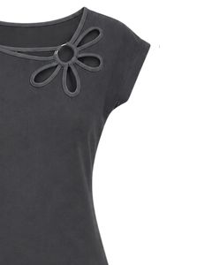 Camiseta Informal para Mujer, Color Gris Oscuro, con Cuello de Flores, Suave y Transpirable, Blusa de Verano de Manga Corta, Personalizada por el Fabricante - Product Image 4